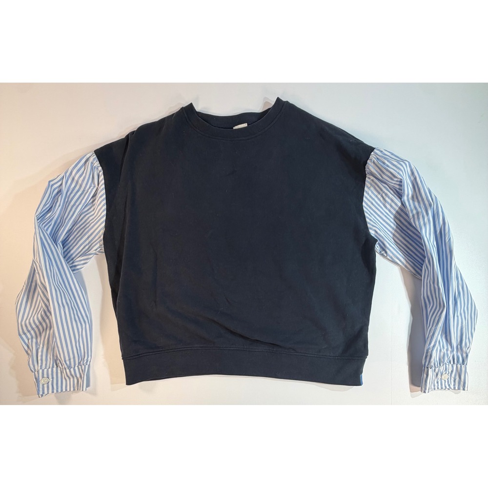 Kule Navy Blue Sweatshirt Striped Poplin Shirt Sleeve Mixed Media Top Large